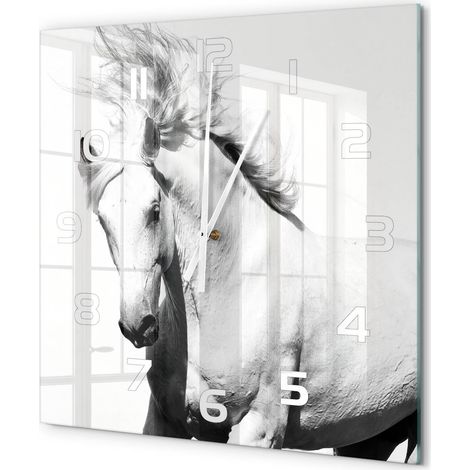 Grande Horloge Murale Carrée Décoration Murale Verre Trempé Design Artistique Cheval blanc 60x60 cm (1/5)