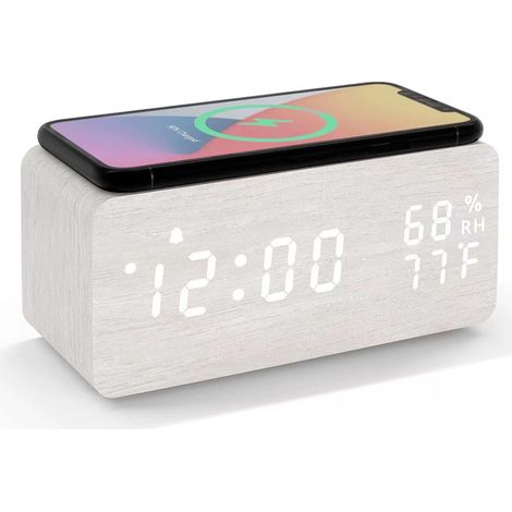 Réveil LED en bois avec chargeur sans fil, affichage température et humidité, luminosité réglable, contrôle vocal pour chambre et bureau (blanc) (1/5)