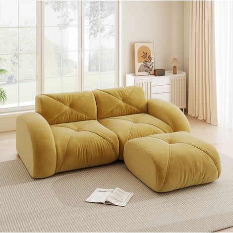 Sofá modular de chenilla amarilla 204x171x76 cm con puf para salón – MEUBLIV (1/5)