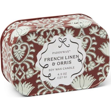 Candela in Latta Stampata French Linen Orris 127g Rosso Cremisi Crema PADDYWAX