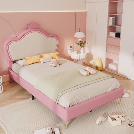 Letto singolo 90x200 cm bianco e rosa in PU - testiera a corona, 12 doghe (1/5)