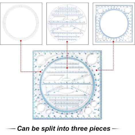 Règle de dessin multifonction 360° rotation antidérapante, gabarit de mesure circulaire, courbes, lignes verticales et parallèles, outil de traçage précis. (1/5)
