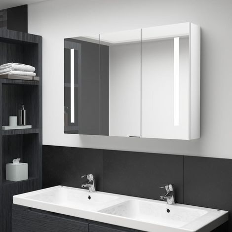 Meuble de salle de bain Armoire de salle de bain à miroir LED 89x14x62cm Blanc brillant (1/5)