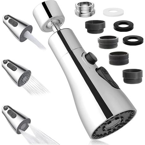 Aérateur de Robinet Pivotant à 360°, Embout Robinet Cuisine avec 3 Modes, Douchette Mousseur Robinet Economie Eau, Adaptateur de Rallonge de TêTe de Robinet Salle De Bain lavabo (Argent) (1/5)