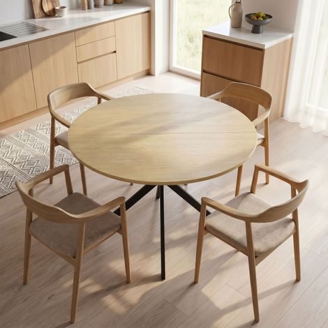 Table à Manger Ronde pour 4 Personnes 100 cm, Style Industriel avec Plateau Aspect Bois, Piètement Croisé en Acier Chêne (1/5)