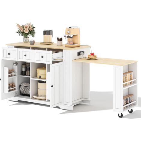 Kücheninsel rollbar ausziehbar Steckdosen mit Esstisch, USB-Anschlüsse, MDF, 138-213cm (1/5)