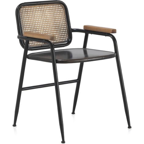 Fauteuil métal noir dossier effet rotin et accoudoirs bois - noir effet rotin cuivre bois naturel (1/5)