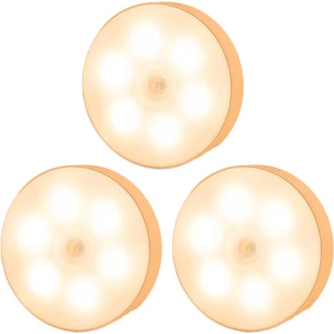 Lot de 3 veilleuses Electight à 8 LED avec détecteur de mouvement, rechargeables par USB, 3 modes réglables, marche/arrêt automatique, pour chambre, dressing, toilettes, couloir - Blanc chaud 3000K [C (1/5)