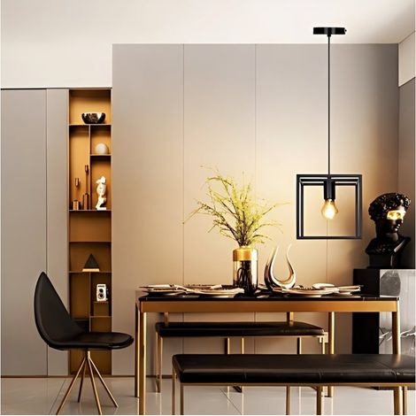 Suspension carrée métal noir, douille E27, style moderne, éclairage design pour cuisine bar (1/3)