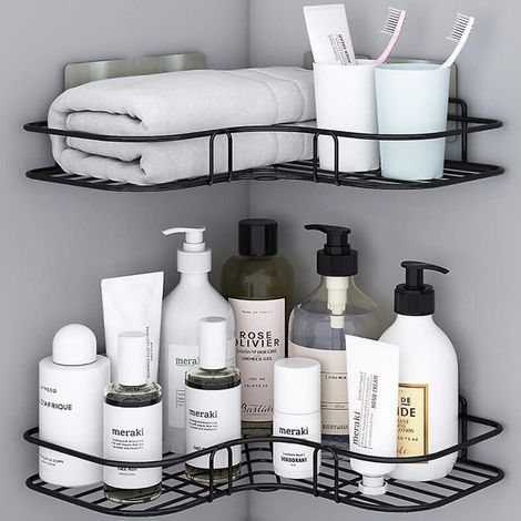 Set mit 2 Eckregalen aus Edelstahl für Badezimmer mit rostbeständigen Klebestreifen für Küchen- und Badezimmeraccessoires – inklusive 8 Aufklebern (1/5)