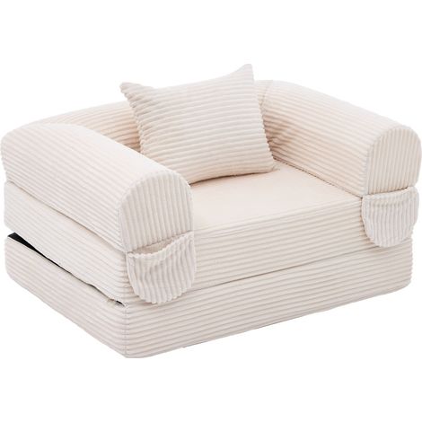 Verwandlungsfähiges Einzel-Schlafsofa aus beigem Stoff mit Kissen, faltbar und platzsparend (1/5)