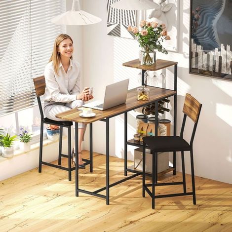 Ensemble table de bar extensible, 2 tabourets rembourrés, rangement bouteilles et verres, 110-140x40 cm, métal et bois (1/5)