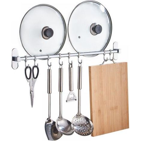 Porte-Casseroles Mural - Barre de Suspension Cuisine 40 cm - 6 Crochets Acier Inoxydable - Support Industriel Multifonction - Pour Cuisine Salle De Bain Salon - 1 Pièce (1/5)