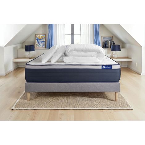 Pacchetto letto completo - Materasso 140x190cm + Box spring con doghe (in kit) + 2 cuscini + Piumino - Actilatex Max