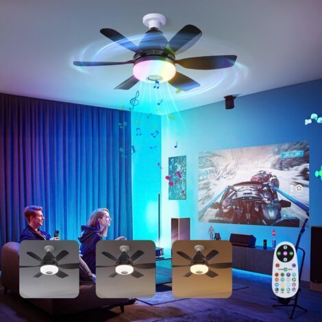 Roadtime 47cm RGB Ventilateur de plafond avec lumière, 32W E27 socle Ventilateur de plafond à lumière variable avec 3 vitesses, 6 pales et télécommande, Supporte couleurs RGB, lecteur musique (Noir) (1/4)
