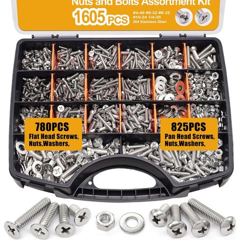 Kit d'assortiment de vis de machine 1605PCS, écrous et boulons en acier inoxydable 304, vis à tête et à tête plate Phillips avec écrous, boulons, rondelles, boîte d'organisateur