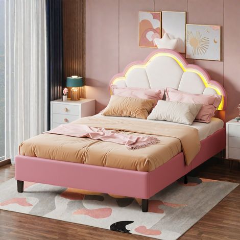 Kinderbett 140x200cm, Polsterbett mit LED, Einzelbettgestell für Mädchen, verstellbares Kopfteil, Bettgestell mit Kronenkopfteil und Lattenrost, Flanell-Finish, Rosa (1/5)