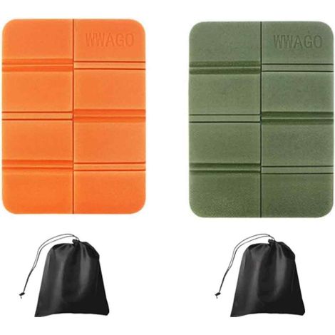Lot de 2 coussins de randonnée pliables en mousse, imperméables et portables, pour la marche, le camping, les pique-niques et les parcs + 2 sacs de rangement - orange + vert kaki (1/5)
