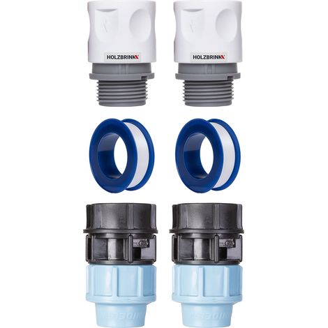 Kit de raccordement tuyau LDPE 20mm – 2x raccord rapide étanche 20mm – 2x connecteur PE 20mm – 2x bande téflon pour irrigation – Holzbrink