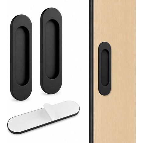 Poignée porte coulissante, Poignée intérieure et extérieure 2 Pièces (Noir), Poignée de baie vitrée coulissante, Sans perçage pour placards, armoires et portes-fenêtres (1/5)