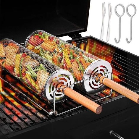 Accessoires pour barbecue - Lot de 2 paniers à griller cylindriques avec poignées en bois amovibles - Outils pour barbecue - Plancha (1/5)