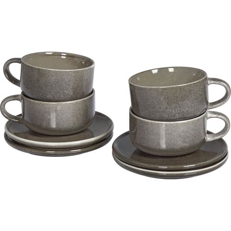 Conjunto de 4 tazas con platillos para té café de gres caolín artesanal acabado esmalte reactivo gris Costmary