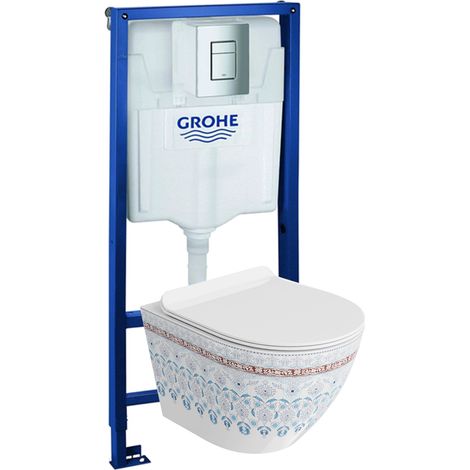 GROHE Bâti-support Solido + Lavita WC Sofi Slim Folklor suspendu blanc sans bord + panneau de commande Delta 25 chrome Kit complet WC