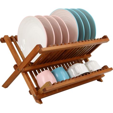 Teak Dish Drainer Rack, 2-Tier Dish Drainer with Cup Holder, Foldable Drainer, Plate Rack for the Kitchen (1/5)