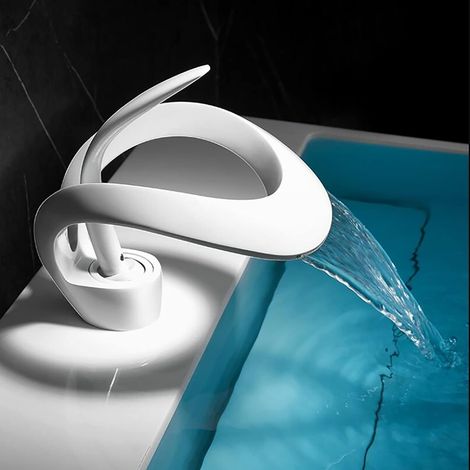 Robinet Salle Bain Cascade Mitigeur Lavabo Chaude et Froide Réglable,Robinet Lavabo en Laiton Monotrou Sur Plage,Valve en Céramique, Robinetterie Salle de Bains,Blanc