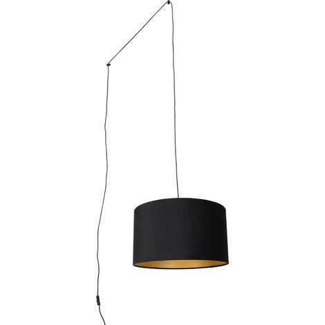 QAZQA Pendant Lamp Black with Plug and Black Shade with Gold
