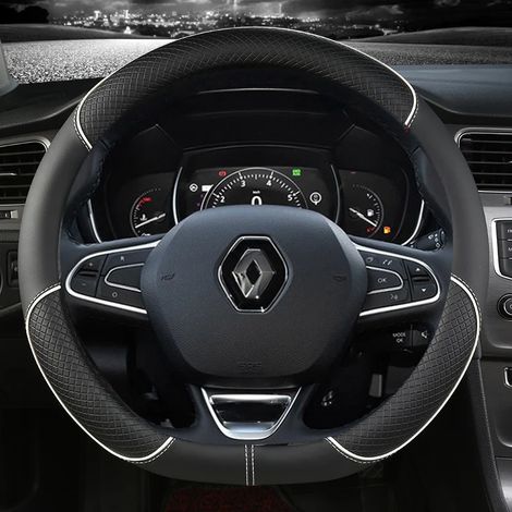 Housse de volant en cuir blanc en forme de D, compatible avec Renault Scenic, Clio, Laguna 2, 3, 4, 5, Kangoo, Fluence, Megane, Trafic, Talisman, Twingo et Kaptur. (1/5)