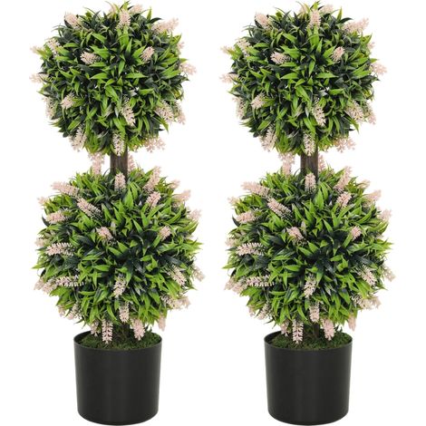 Set of 2 Decorative Artificial Plants Ball Trees with Lavender Flowers in Pot Fake Plants for Home Indoor Outdoor Decor, 70cm, Pink