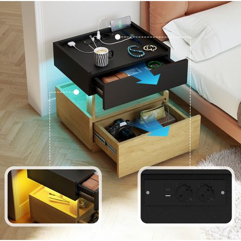 Table de nuit avec charge sans fil, éclairage LED, USB et 2 tiroirs – design noir et bois naturel (1/5)