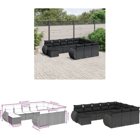 11-tlg. Garten-Sofagarnitur mit Kissen Schwarz Poly Rattan - Gartenmöbel - Esszimmergarnituren - Outdoor Möbel - Lounge Set - Rattan Gartenmöbel - Home & Living