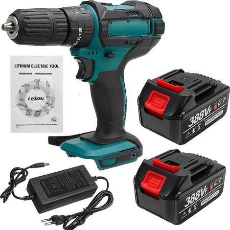 Perceuse à percussion sans fil 388Vf 1500W avec éclairage LED intégré, outil d'entretien du bois rechargeable, 1 ou 2 batteries incluses. (1/5)