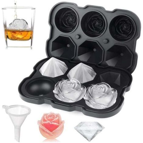 Vassoio per cubetti di ghiaccio rosa da 5 cm con coperchio, vassoio per cubetti di ghiaccio rosa in silicone a 3 cavità e macchina per il ghiaccio a mama di diamonde per cocktail freschi, succo di wh (1/4)