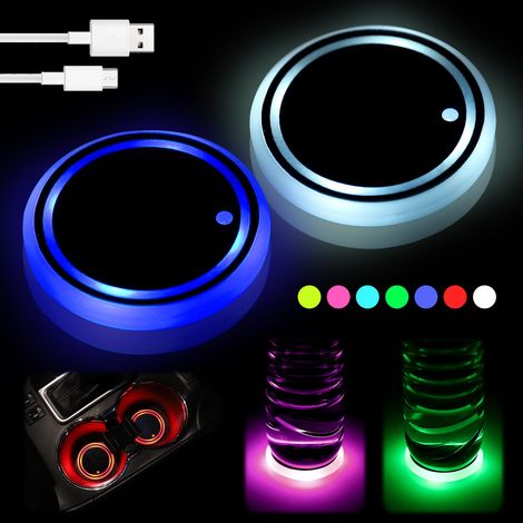 LED Dessous de Verre Voiture, 2PCS Lumières Coaster de Voiture, 7 Couleurs Changeantes LED Porte Gobelet s'allume, Universelle Tapis de Tasse Luminescent Automobile de Charge USB (1/5)