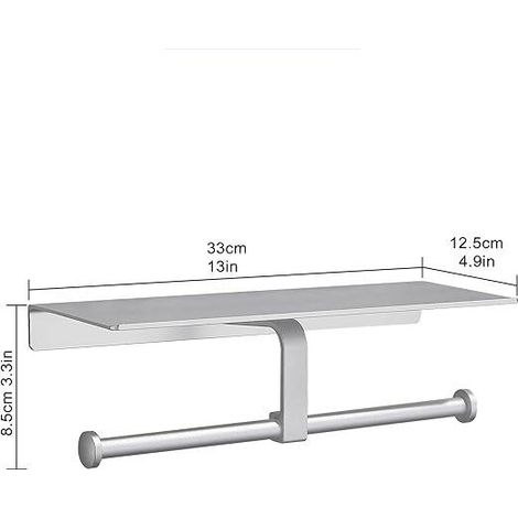 Portarrollos de papel higiénico higiénico sin taladrar con soporte para móvil, montaje en pared, doble para baño (plateado) (1/5)