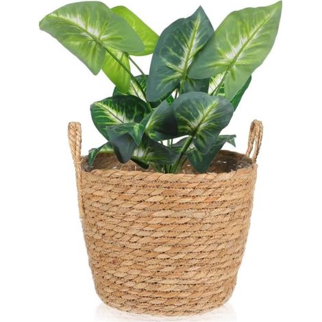Panier à plantes en jonc de mer, pot de fleurs bohème, pot de fleurs tissé, vase rond, décoration de jardin, panier décoratif en osier, panier tressé, déchets, 25 x 25 x 20 cm (1/5)