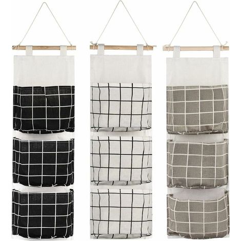 royaluxe - Sac de Rangement Suspendu avec 3 Poches, Étagère Mural en Tissu Panier Pochette de Rangement Organisateur pour Chambre Salle de Bain Cuisine 3Pcs (Noir/Gris/Blanc), (1/5)