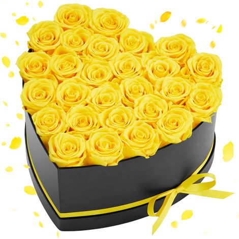 Rose Éternelle 27 Fleurs Éternelles Préservées Boîte Forme de Cœur, Bouquet Rose Éternelle, Cadeau pour Elle, Femme, Épouse, Maman, Sœur, Mamie, Amie, Anniversaire, Saint-Valentin, Noël, Jaune (1/5)