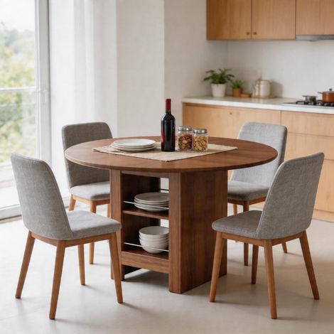 Moderner runder Esstisch mit offenen Stauraumfächern, Walnuss-Holzmaserung Tischplatte & Walnussoptik-Korpus, 100cm Durchmesser, 4–6 Personen, ideal für Küche, Esszimmer & kleine Räume (1/5)