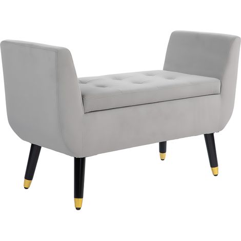 Banc coffre avec accoudoirs, polyester effet velours + bois caoutchouc, 107x42x65cm, gris clair