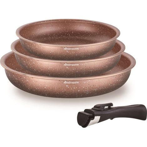 Set di 3 padelle - Adatte a tutti i piani cottura, incluso induzione - ARTHUR MARTIN - AM9811 - Ø 20, 24 e 28 cm + 1 manico removibile - Terracotta