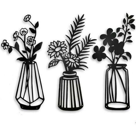 Décoration murale de fleurs en métal 3 pièces, sculpture murale de fleurs de vase en métal, art de décoration murale en métal noir pour salon salle de bain chambre à coucher, art mural noir pour cuisi (1/5)