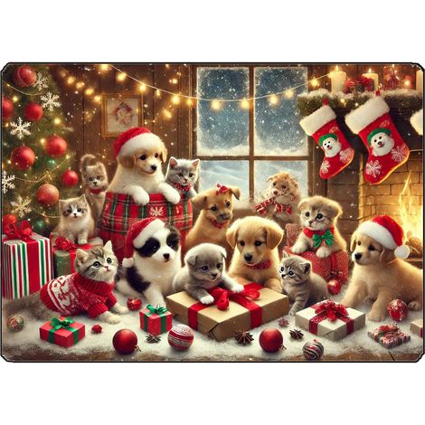 Planche à découper chiots et chatons de Noël 28.5 x 20 cm