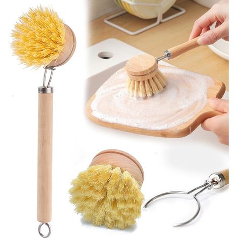 Spazzola per piatti in legno di alta qualità, set di spazzole con 2 testine di ricambio, set di spazzole per la pulizia con setole naturali in fibra ecologica per cucina e bagno