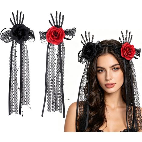 Lot de 2 barrettes à cheveux à main de squelette gothique ornées de roses artificielles noires et rouges, de dentelle et de rubans longs à glands, accessoires capillaires pour cosplay Halloween et jou (1/5)