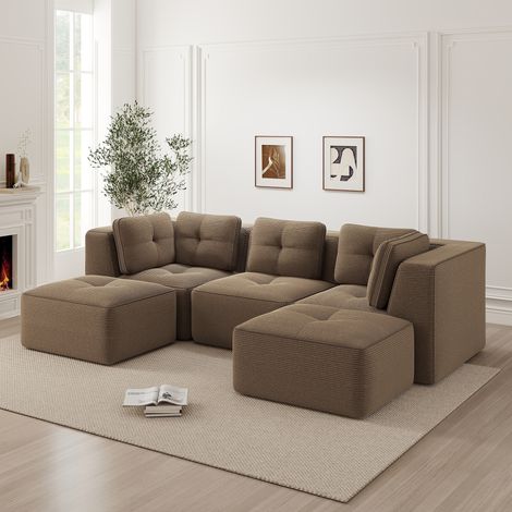 AS EASY Canapé de salon modulaire sans ossature, canapé d'angle modulaire avec pouf, adapté pour salon, canapé 3 places en cord avec assise profonde, pas de montage requis, marron