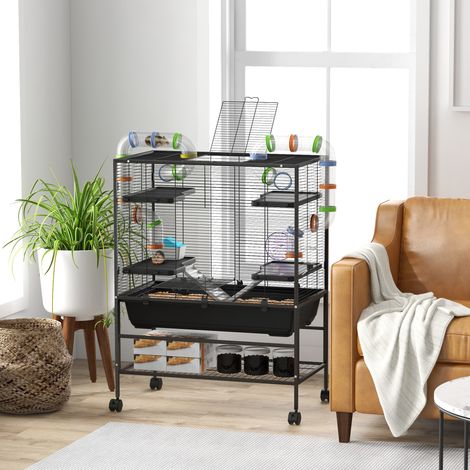 Noir - Cage à hamster avec tubes, roue de tournage, maison, distributeur d’eau, 109 x 82 x 46 cm